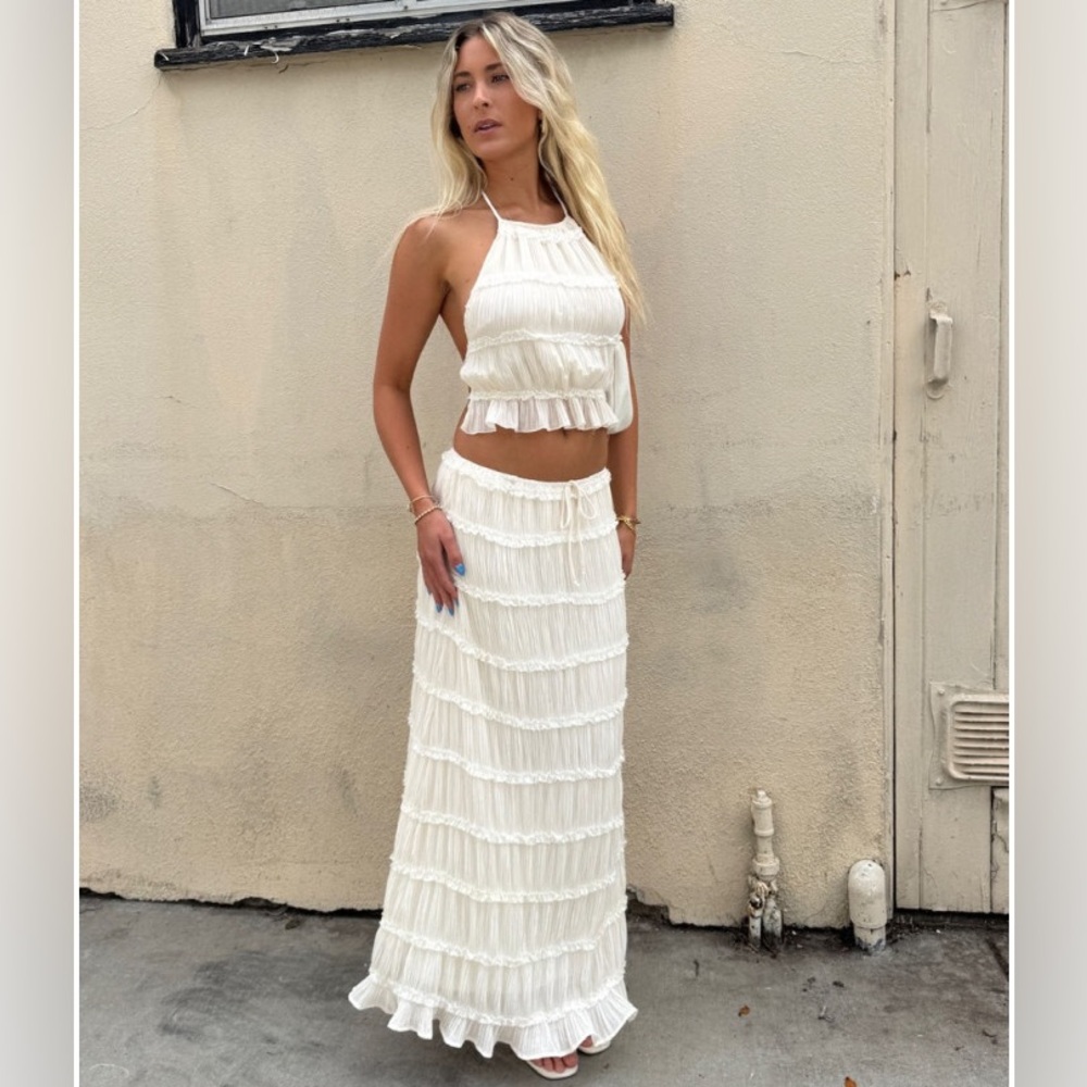 Halter Neck Tie Ruched Backless Ruffle Skirt Set